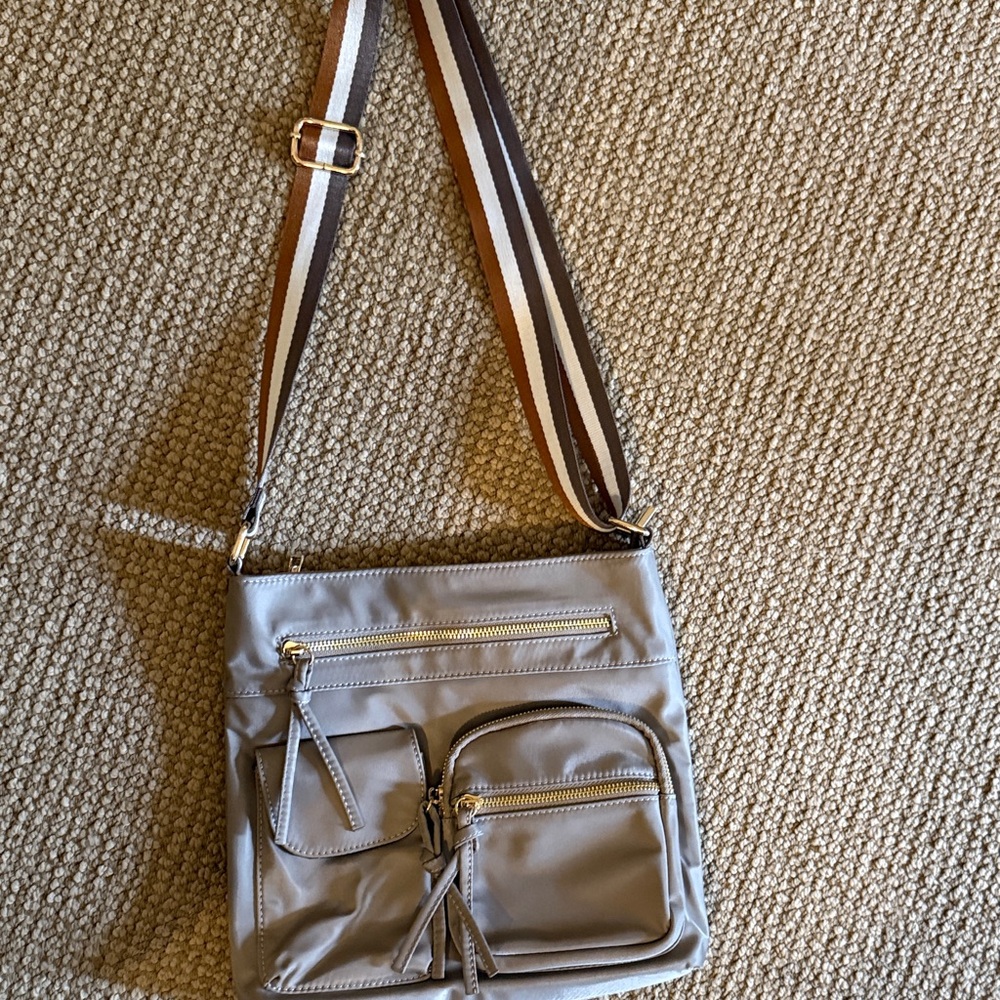Light Taupe Crossbody Bag with Striped Adjustable Strap